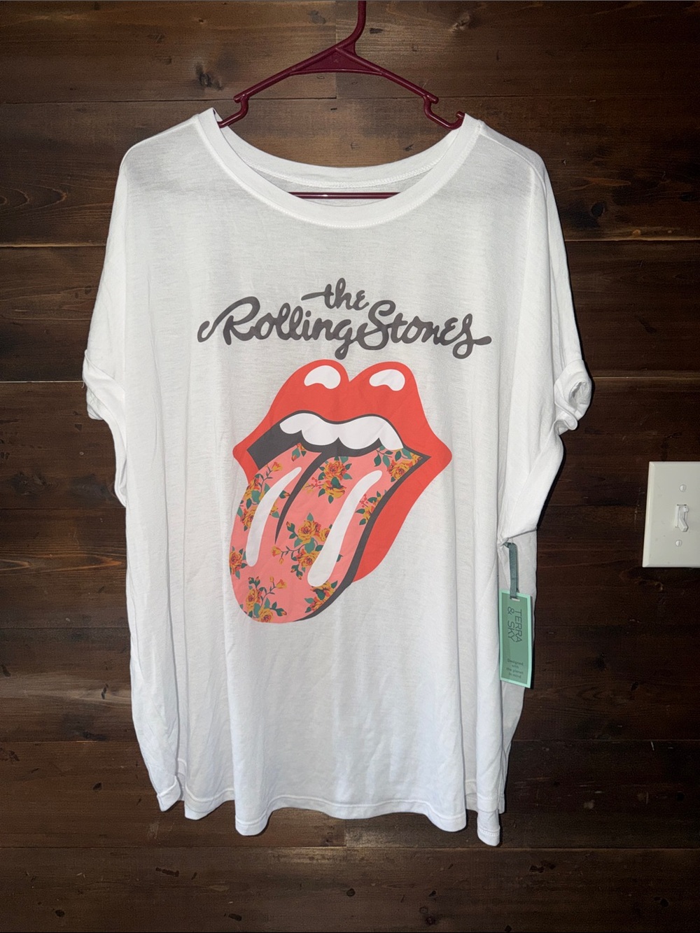 the Rolling Stones White Tee with Red Lips and Pink Floral Tongue
